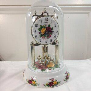 Timex Country‎ Rose Anniversary Clock Glass Globe Mantle flowers floral READ